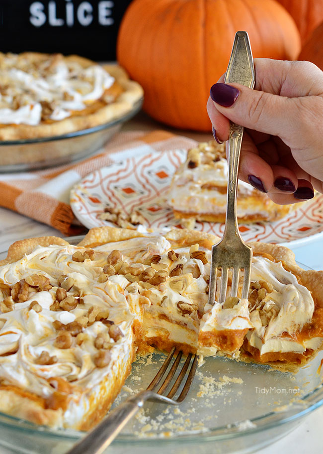 LAYERED WALNUT PUMPKIN PIE  has been a long tradition in our family for Thanksgiving. This family favorite pumpkin pie recipe that was handed down to me by my grandpa 30+ years ago. This EASY recipe not your ordinary pumpkin pie, it’s a light and fluffy, scrumptious, cold creamy pumpkin pie!  A perfect alternative to regular pumpkin pie for Thanksgiving or Christmas dessert. PRINT the recipe at Tidymom.net