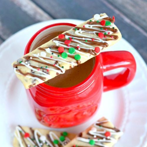 Chocolate Chip Christmas Cookie Sticks are an easy way to celebrate the season. Dip them in hot chocolate for the perfect dessert!