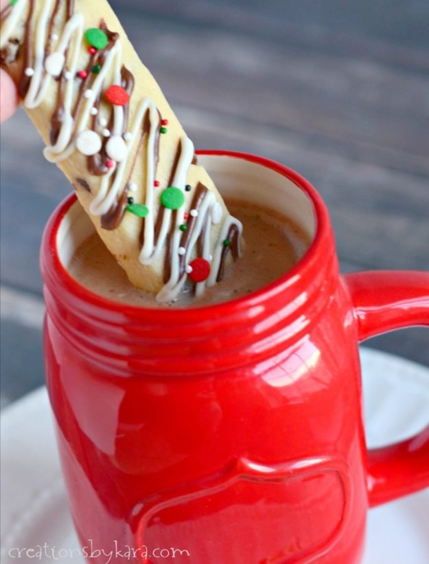 Chocolate Chip Christmas Cookie Sticks are an easy way to celebrate the season. Dip them in hot chocolate for the perfect dessert!