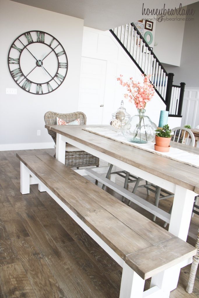 Build your own farmhouse table and bench. The great thing about it is you save money and you build a table that is exactly the size you want for your space! 