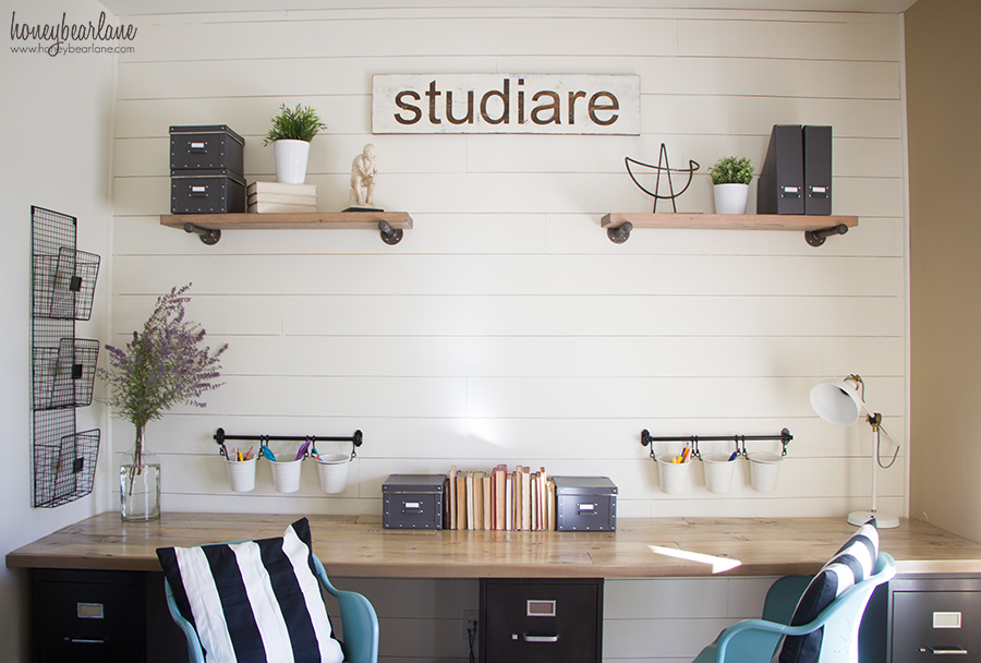 Home school desk farmhouse makeover with butcher block surface. 