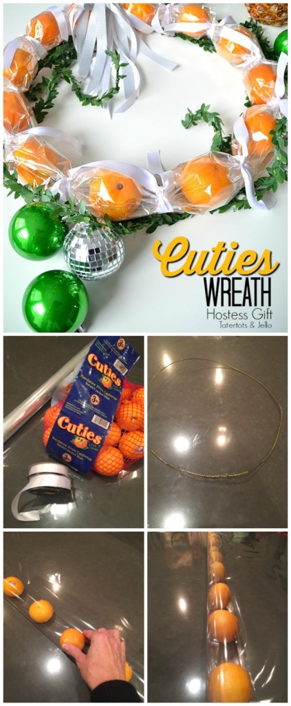 Cuties Wreath Hostess Gift Idea. Use cellophane to create a cuties wreath. It's edible and perfect to give as a neighbor or hostess gift this holiday season! 