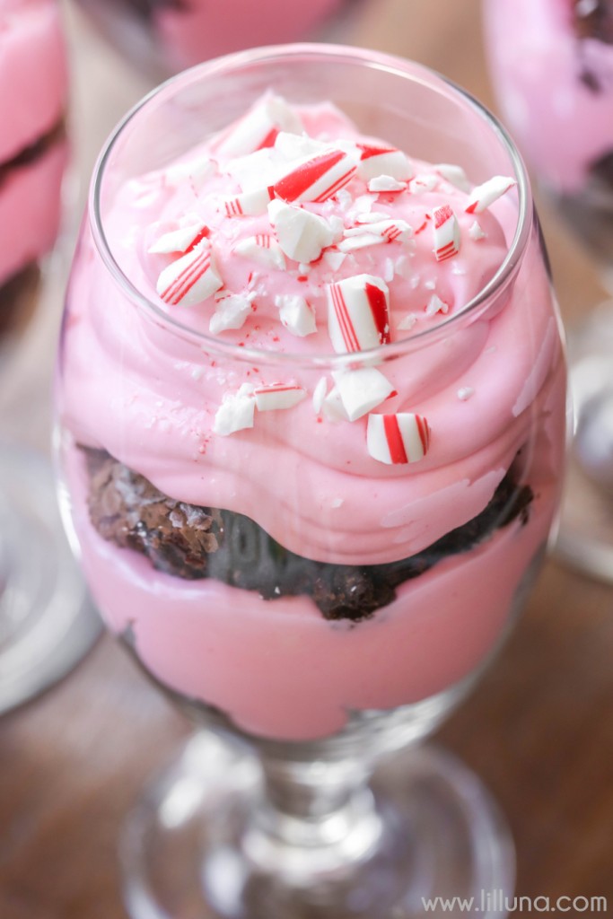 Peppermint Brownie Trifle - a delicious holiday dessert with layers of brownie pieces, peppermint cream and all topped with crushed candy canes!