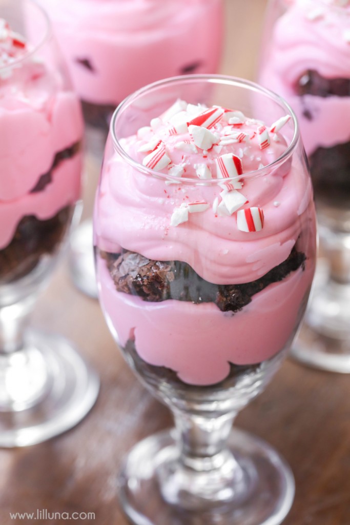 Peppermint Brownie Trifle - a delicious holiday dessert with layers of brownie pieces, peppermint cream and all topped with crushed candy canes!