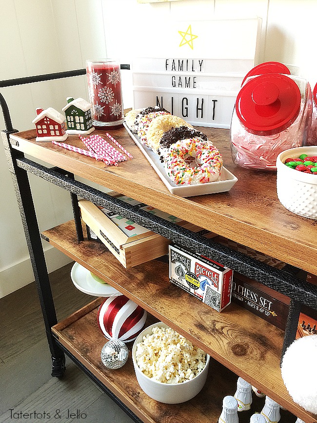 Family Game Night Card. Use a bar cart to organize everything you need for your next family game night!