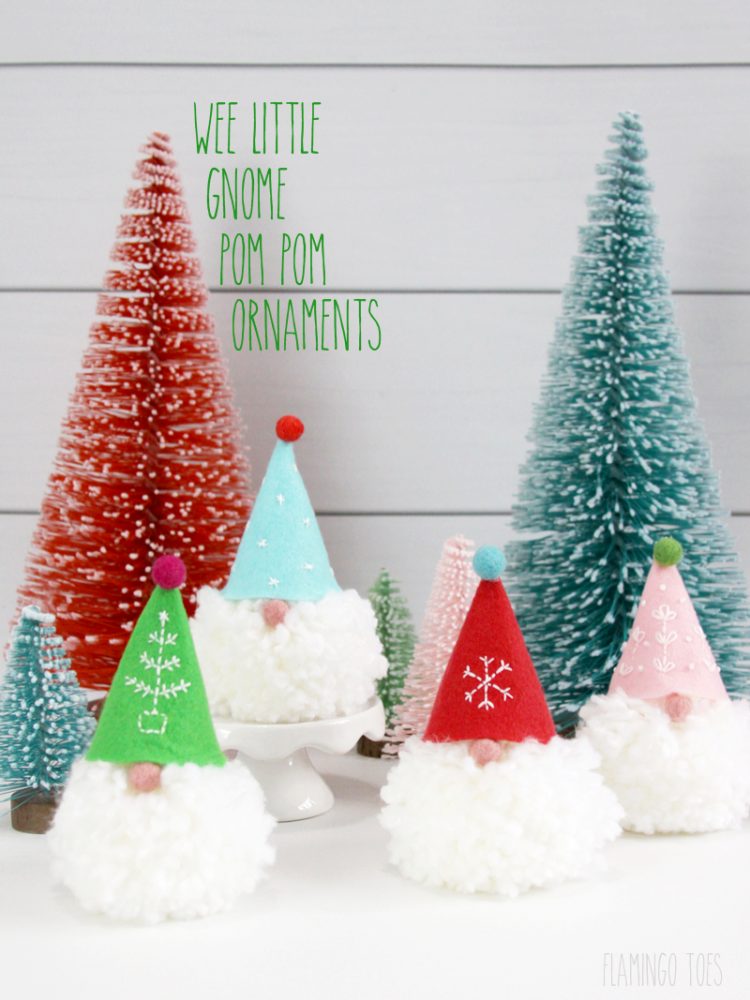 Wee Little Gnome Pom Pom Ornaments. Make these little ornaments for your tree or they would make cute Christmas present toppers!