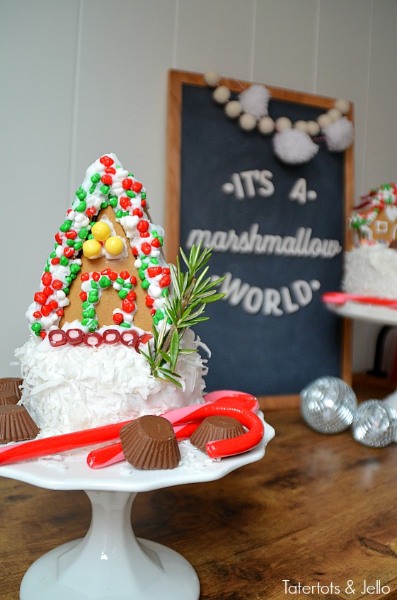 Mini Gingerbread Village Cakes. Add mini gingerbread cakes to the top of cakes for a fun centerpiece for holidays parties. Gingerbread decorating ideas! 