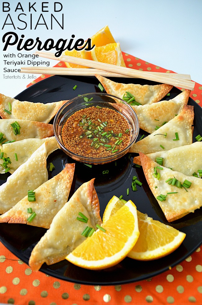 Baked Asian Pierogies with Orange Teriyaki Dipping Sauce. Take traditional pierogies and give them an asian twist with these easy asian appetizers. Perfect for the holidays!