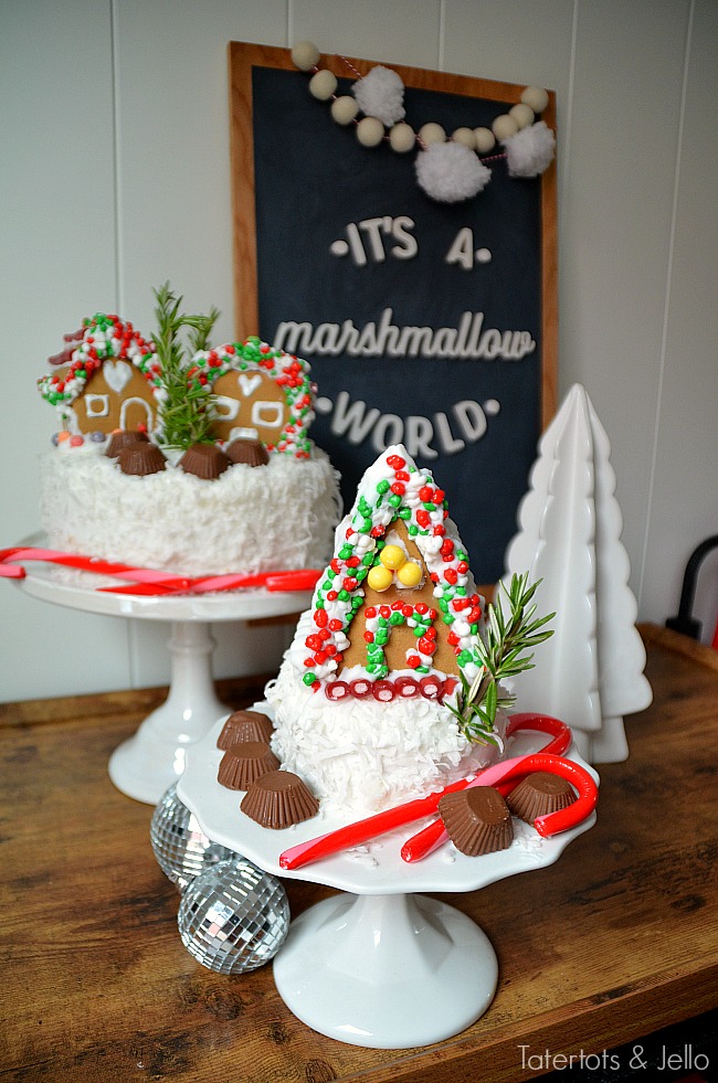 Mini Gingerbread Village Cakes. Add mini gingerbread cakes to the top of cakes for a fun centerpiece for holidays parties. Gingerbread decorating ideas! 