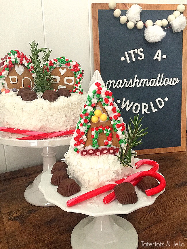 Mini Gingerbread Village Cakes. Add mini gingerbread cakes to the top of cakes for a fun centerpiece for holidays parties. Gingerbread decorating ideas! 