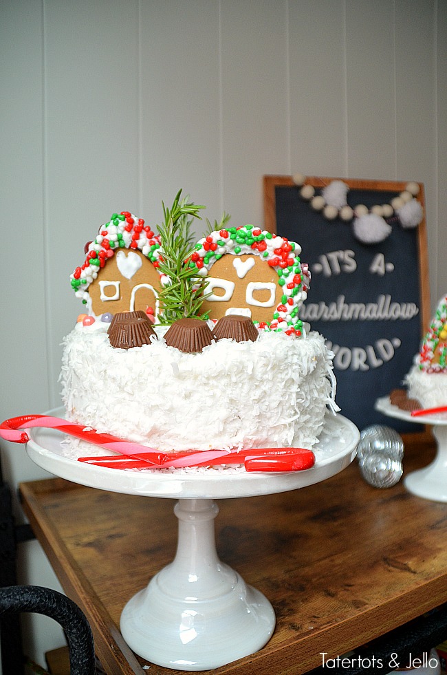Mini Gingerbread Village Cakes. Add mini gingerbread cakes to the top of cakes for a fun centerpiece for holidays parties. Gingerbread decorating ideas! 