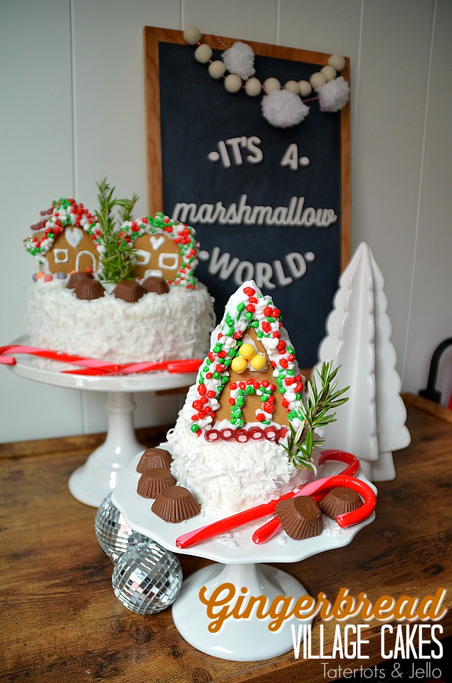 Mini Gingerbread Village Cakes. Add mini gingerbread cakes to the top of cakes for a fun centerpiece for holidays parties. Gingerbread decorating ideas! 