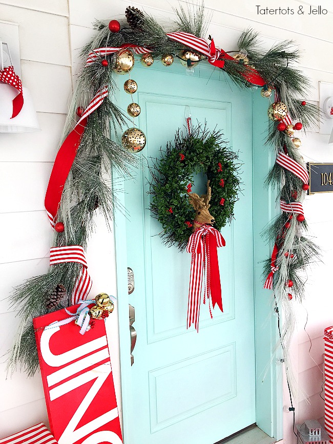 turquoise and red christmas porch 