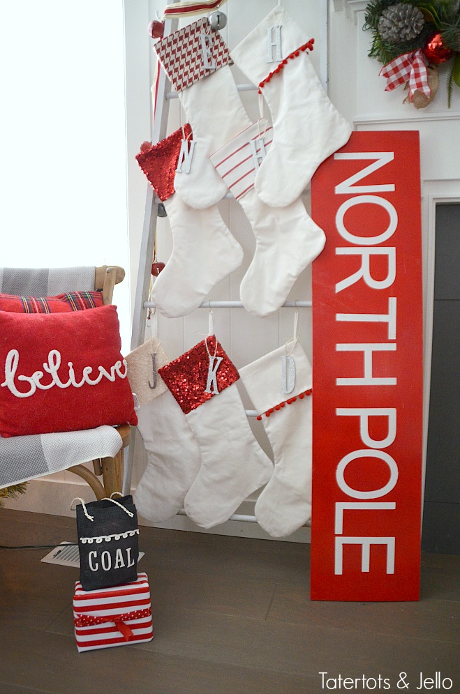 Tatertots and Jello Christmas Home Tour. Simple ways to decorate for the holidays. Red and white North Pole theme. 
