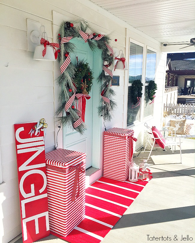 Red and White North Pole Christmas Porch. Many different inexpensive ways to celebrate the season and decorate YOUR outdoor space! 