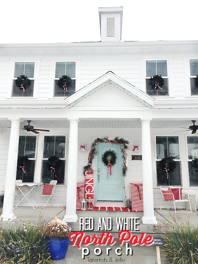 Red and White North Pole Christmas Porch. Many different inexpensive ways to celebrate the season and decorate YOUR outdoor space!