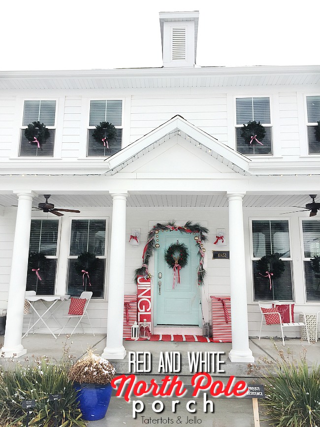 Red and White North Pole Christmas Porch. Many different inexpensive ways to celebrate the season and decorate YOUR outdoor space! 