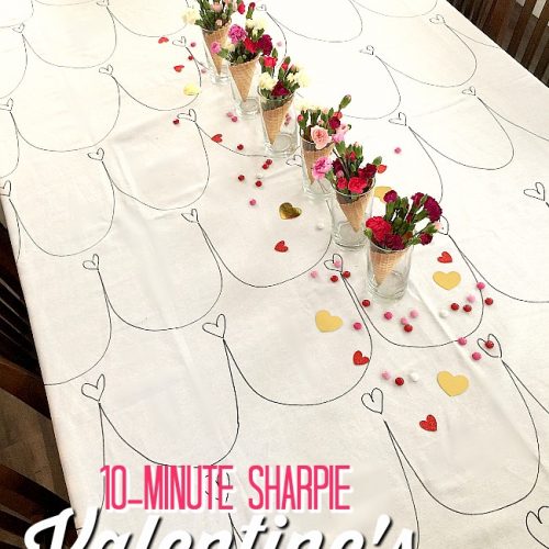 10 Minute Sharpie Valentines tablecloth. Create a whimsical tablecloth in minutes with a sharpie.