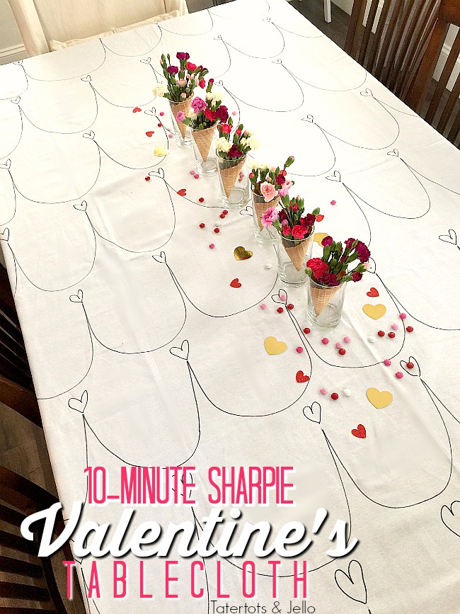 10 Minute Sharpie Valentines tablecloth. Create a whimsical tablecloth in minutes with a sharpie. 