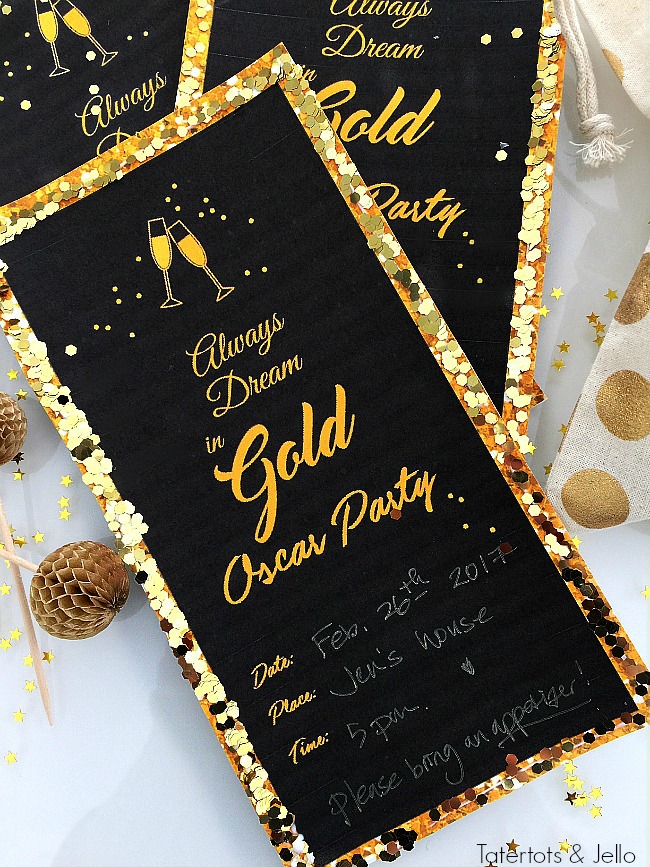 Always Dream in Gold Oscar Invitation and Printables. Print these off and add glitter for a beautiful invitation.