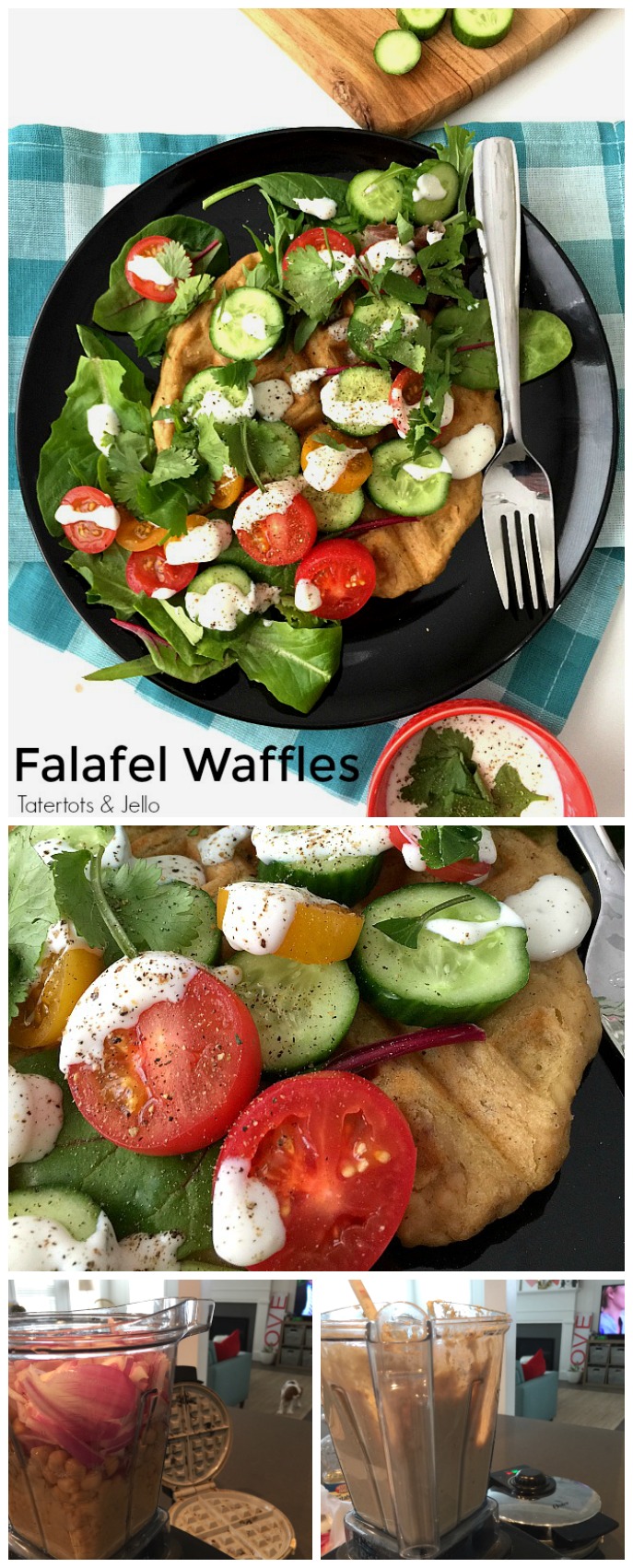 Savory Falafel Waffles are a savory dinner idea. Warm and savory waffles that taste like falafels are surrounded by a cool salad and tangy yogurt dressing. 