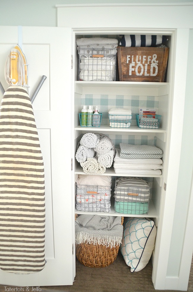 Closet Makeover with Fabric. Create "faux" wallpaper for the fraction of the price iwth panels that can be changed out. All the no-sew details.