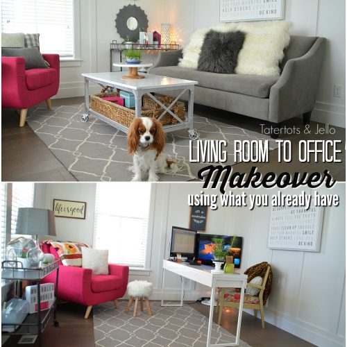 Living room to office makeover. Make the space in your home work for your family. Before and after room makeover.