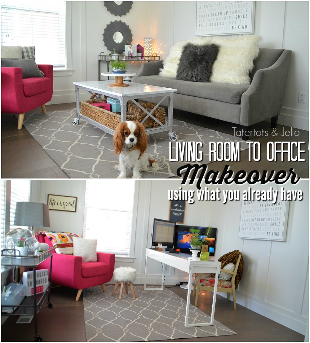 Living room to office makeover. Make the space in your home work for your family. Before and after room makeover.