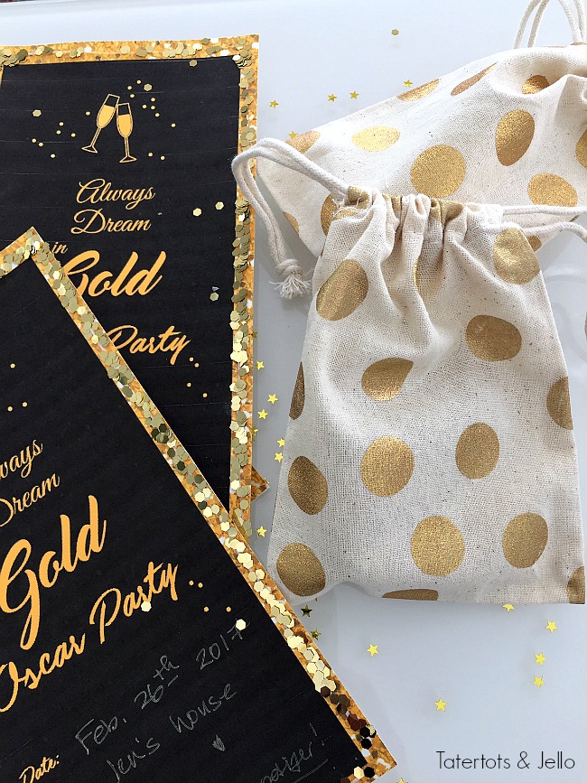 Always Dream in Gold Oscar Invitation and Printables. Print these off and add glitter for a beautiful invitation.