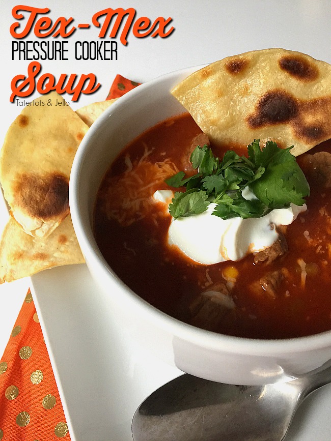 Use your pressure cooker/instant pot to make a this fast and satisfying Tex Mex Soup that is packed with protein and vegetables. It's the perfect soup to make on a cold Winter's night!