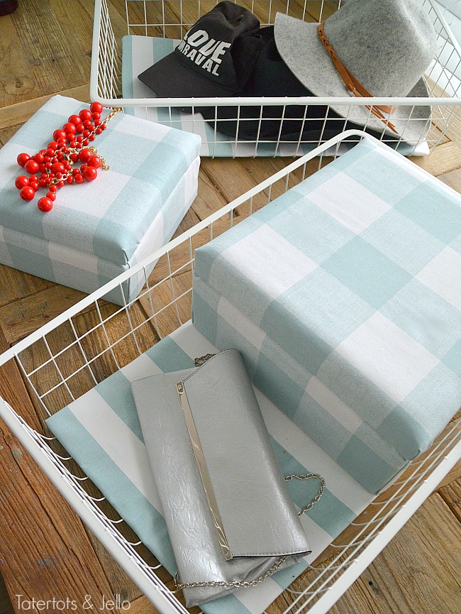 Fabric Closet Organization. Make over your closet with fabric. Make fabric boxes, fabric lined bins and reupholster a bench for a beautiful closet! 