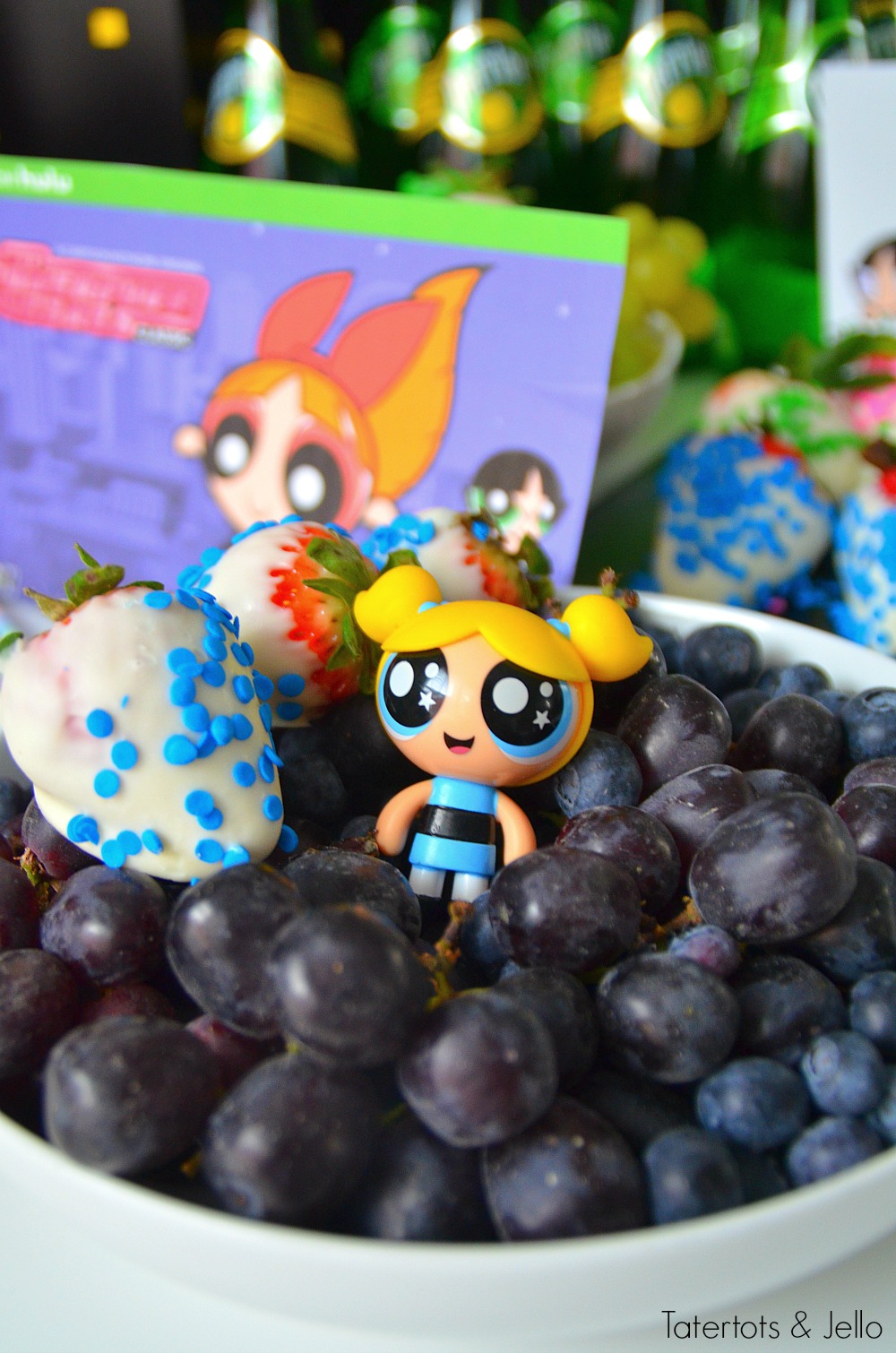 Powerpuff Girls Party Ideas. Make healthy fruit trays in each of the character's colors - pink, blue and green! 