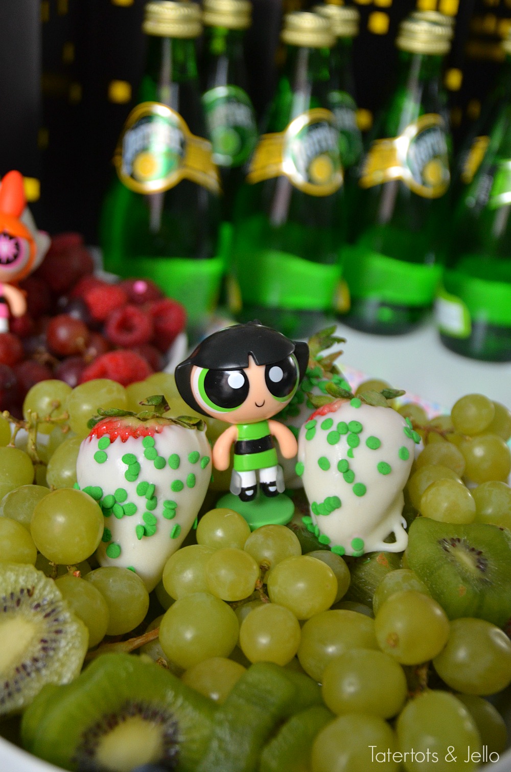 Powerpuff Girls Party Ideas. Make healthy fruit trays in each of the character's colors - pink, blue and green! 