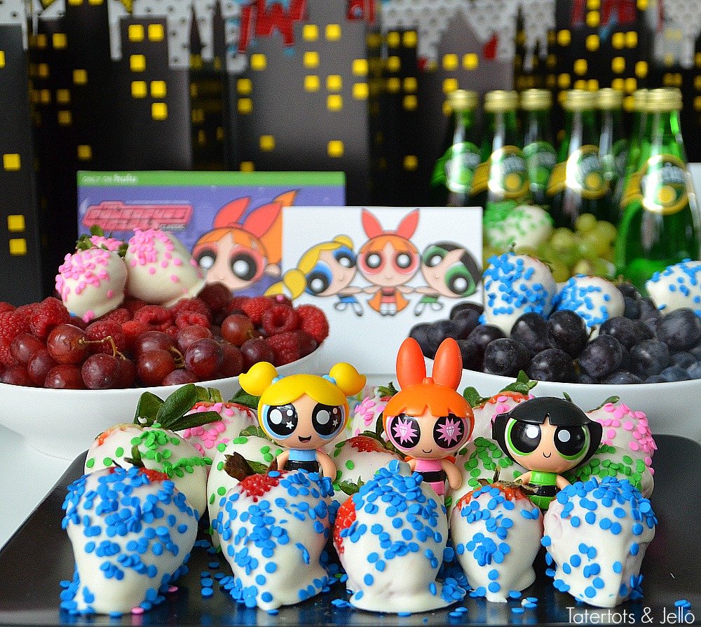 Powerpuff Girls Party Ideas. Make healthy fruit trays in each of the character's colors - pink, blue and green!