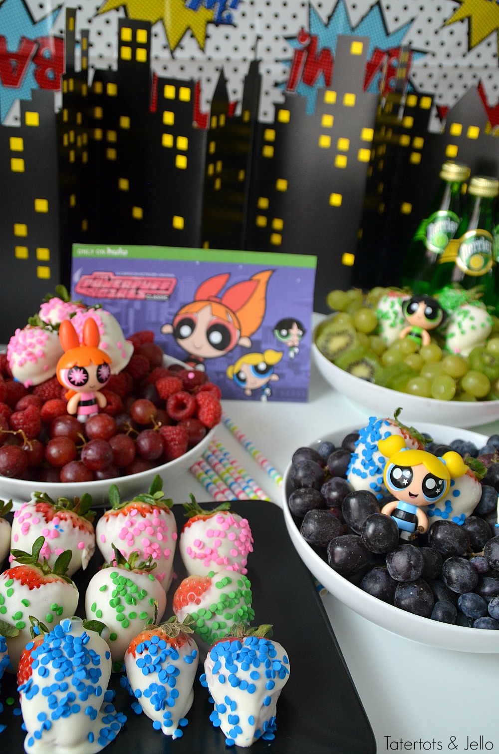 Powerpuff Girls Party Ideas. Make healthy fruit trays in each of the character's colors - pink, blue and green! 