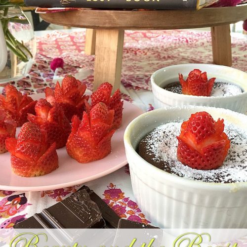Beauty and the Beast Molten Chocolate Souffles with Strawberry Roses. These beautiful chocolate desserts are delicious and easy to make. You can garnish them with strawberry roses.