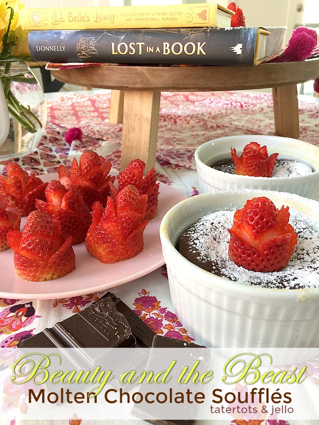 Beauty and the Beast Molten Chocolate Souffles with Strawberry Roses. These beautiful chocolate desserts are delicious and easy to make. You can garnish them with strawberry roses.