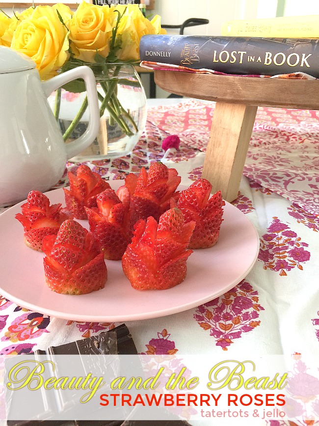 Easy Strawberry Roses are a fun way to garnish desserts for a Beauty and the Beast dinner party.