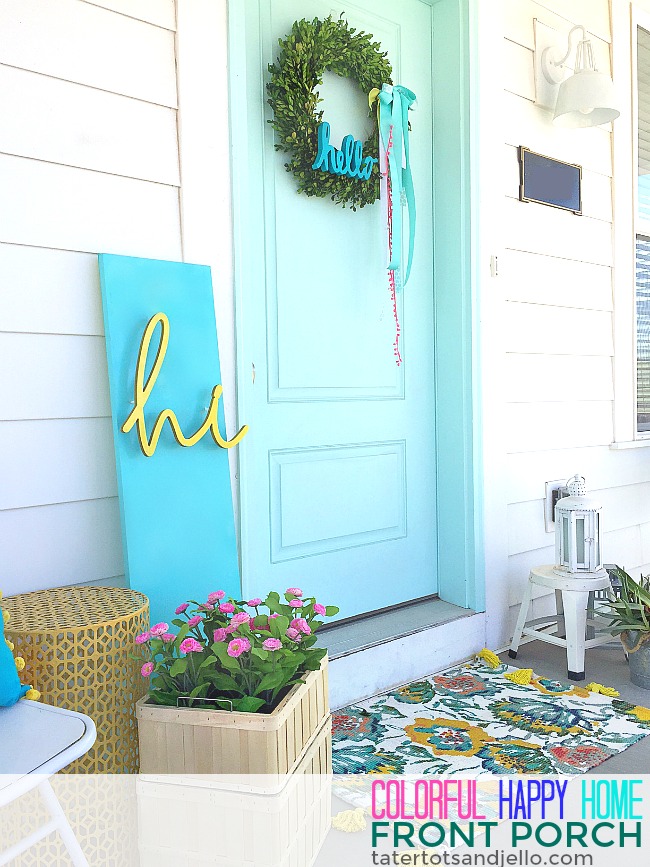 Colorful Happy Home Porch. Easy ways tp decorate your home for Spring.