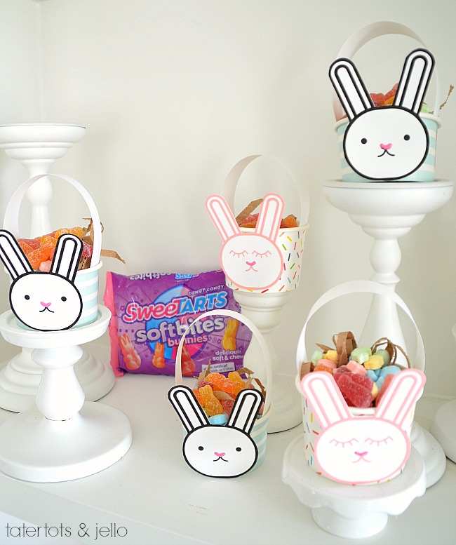 Mini Easter Bunny Baskets. Make affordable bunny Easter baskets filled with chewy Sweetarts treats for friends and neighbors this Spring!