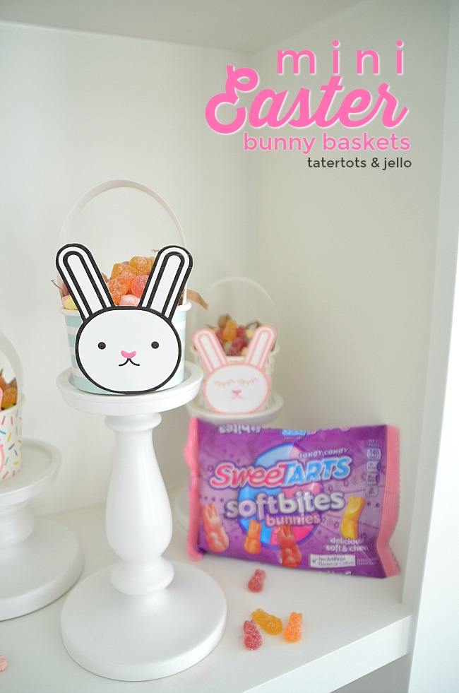 Mini Easter Bunny Baskets. Make affordable bunny Easter baskets filled with chewy Sweetarts treats for friends and neighbors this Spring! 