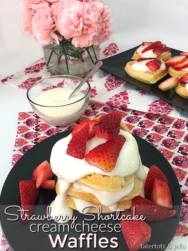 Strawberry Shortcake Cream Cheese Waffles. Make these for brunch or as a dessert. Your family will love the fluffy waffles covered with a light sweet cream cheese topping and strawberries! 
