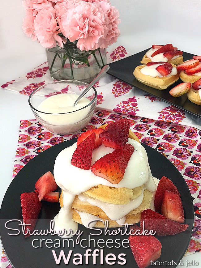 Strawberry Shortcake Cream Cheese Waffles. Make these for brunch or as a dessert. Your family will love the fluffy waffles covered with a light sweet cream cheese topping and strawberries!