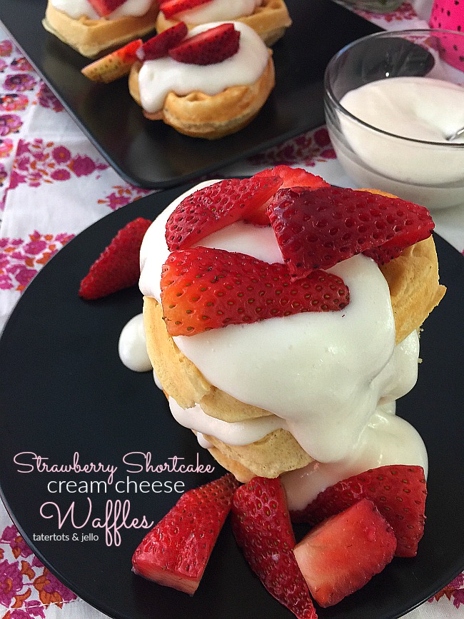 Strawberry Shortcake Cream Cheese Waffles. Make these for brunch or as a dessert. Your family will love the fluffy waffles covered with a light sweet cream cheese topping and strawberries! 