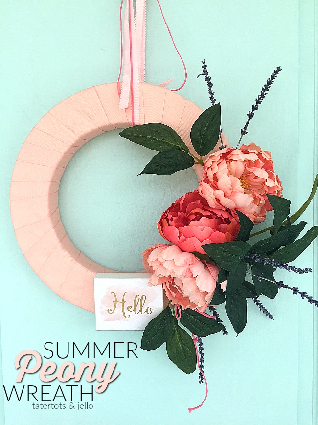 How to make a 10-Minute Peopny Wreath for Summer. Wrap your wreath form with ribbon and add peonies and a little saying for a wreath that you will love!