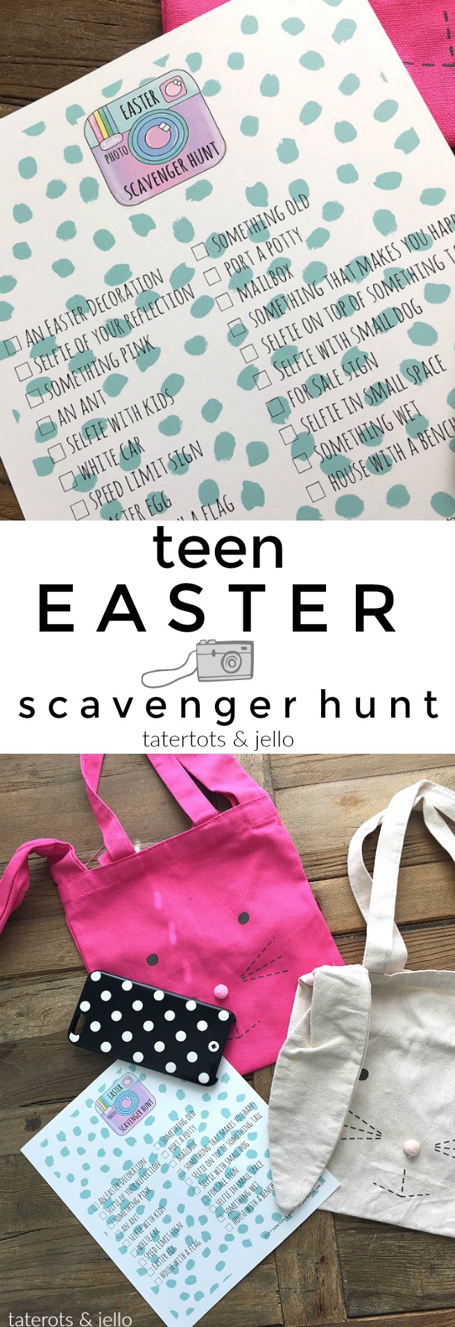 Easter Photo Scavenger Hunt game and printable checklist. Teens love easter fun too! Have them find clues on their phones in the neighborhood with this fun idea and printable!