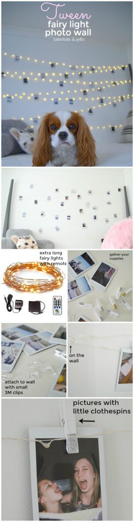 Tween Teen Fairy Light Photo Display Wall. Hang extra long fairy lights and photos for a beautiful bedroom display anyone will love! 