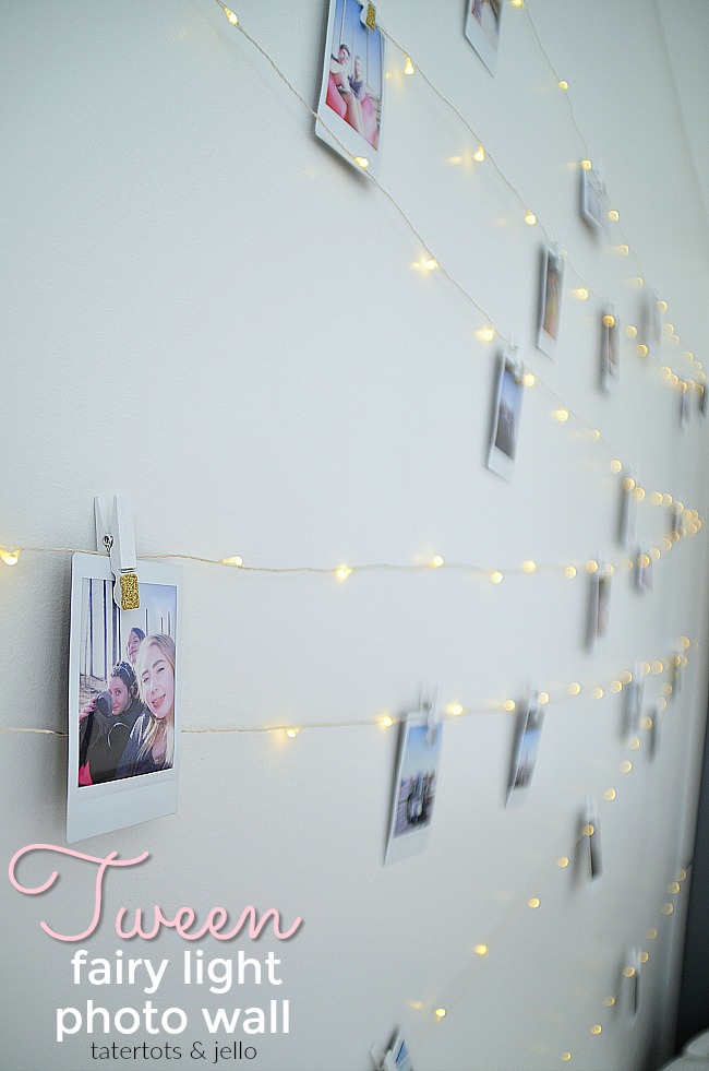 Tween Teen Fairy Light Photo Display Wall. Hang extra long fairy lights and photos for a beautiful bedroom display anyone will love! 