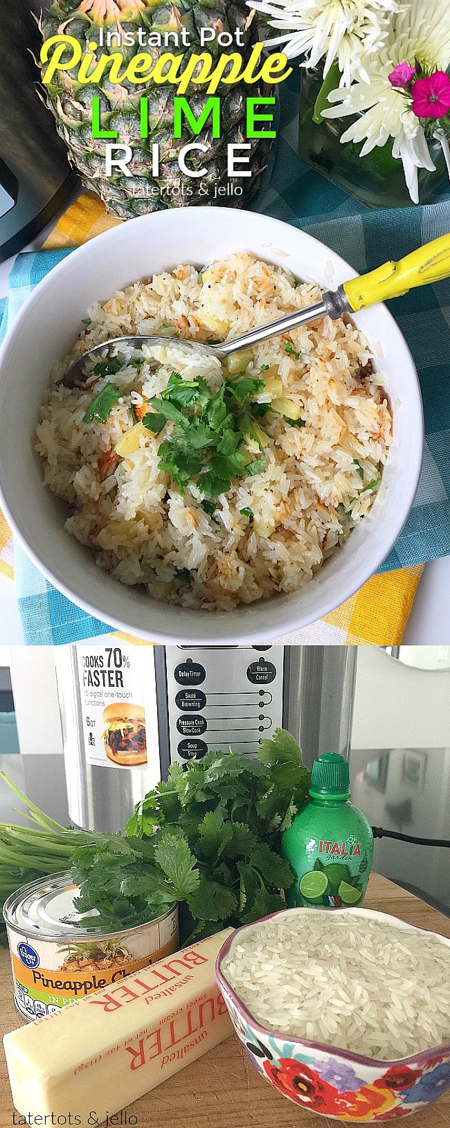 Pineapple Lime Rice is the perfect side dish this summer. The juicy tidbits of pineapple are complemented perfectly with the tart, citrus flavor of limes. And you can whip this up in 8 minutes in your pressure cooker! 