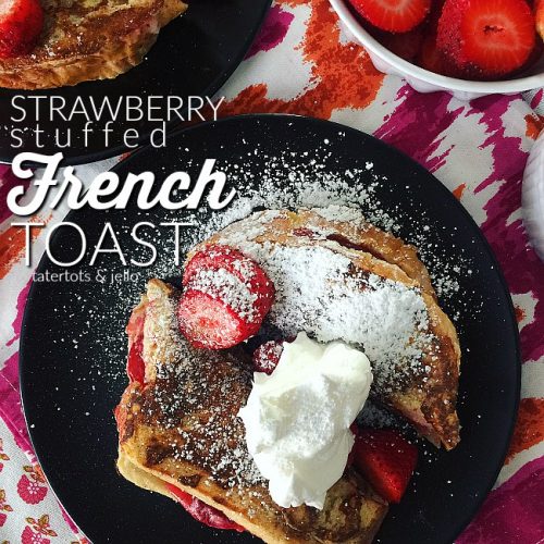 Strawberry Stuffed French Toast. Creamy strawberry filling dipped in almnd egg batter and baked to golden perfection is perfect for Father's Day!